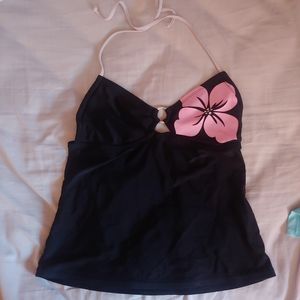 Xhilaration Small y2k hibiscus Tankini swim top pink and black
